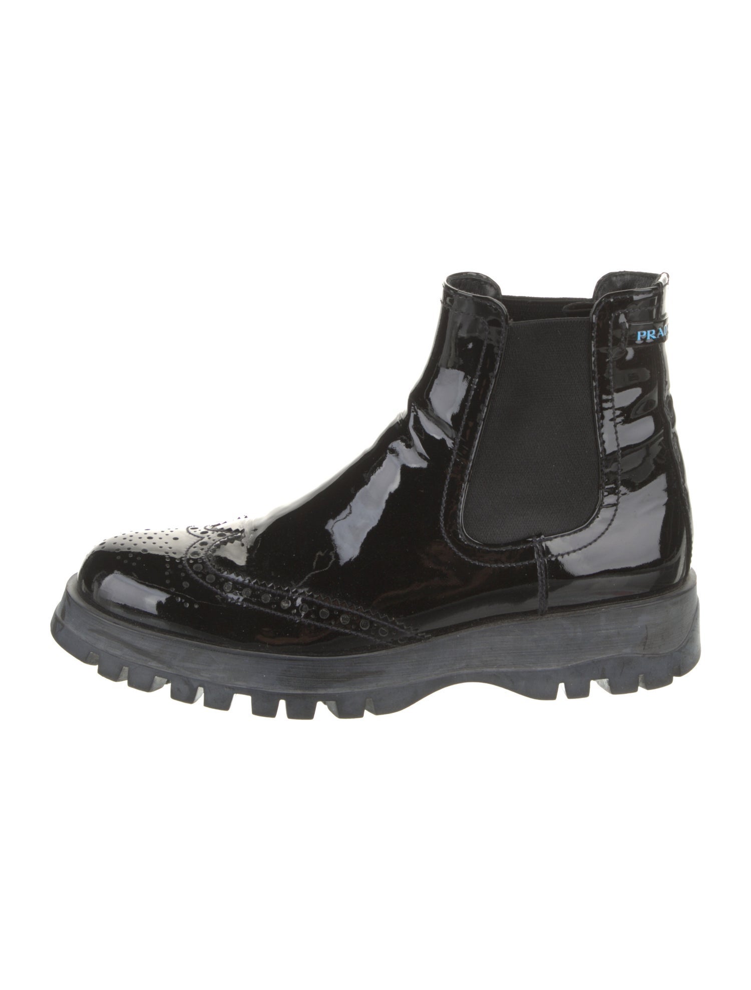 Prada Patent Leather Lasercut Accents Chelsea Boots