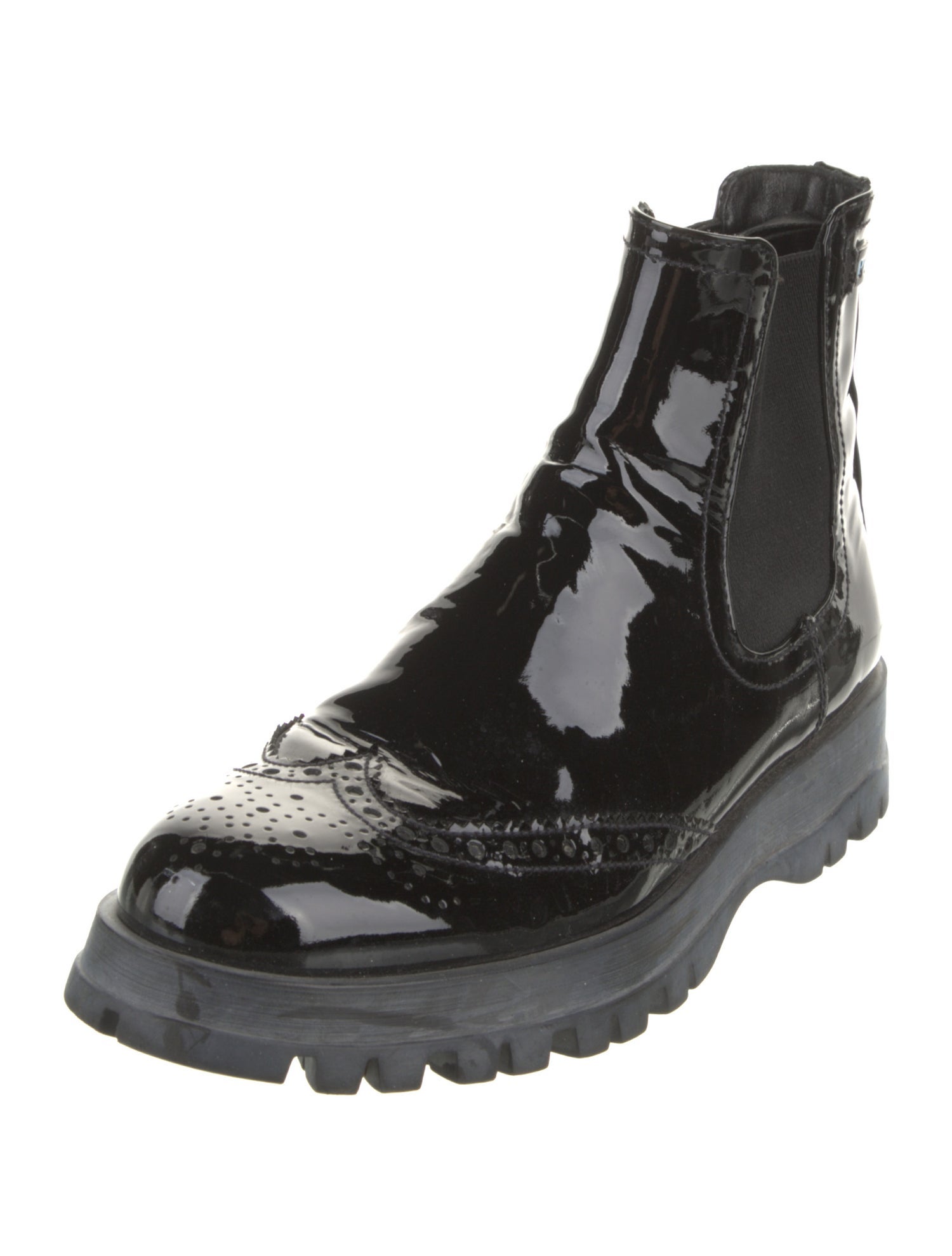 Prada Patent Leather Lasercut Accents Chelsea Boots