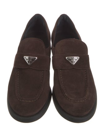Prada Enameled Metal Triangle Suede Loafers