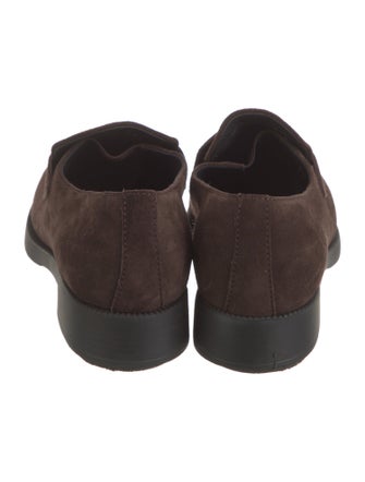 Prada Enameled Metal Triangle Suede Loafers