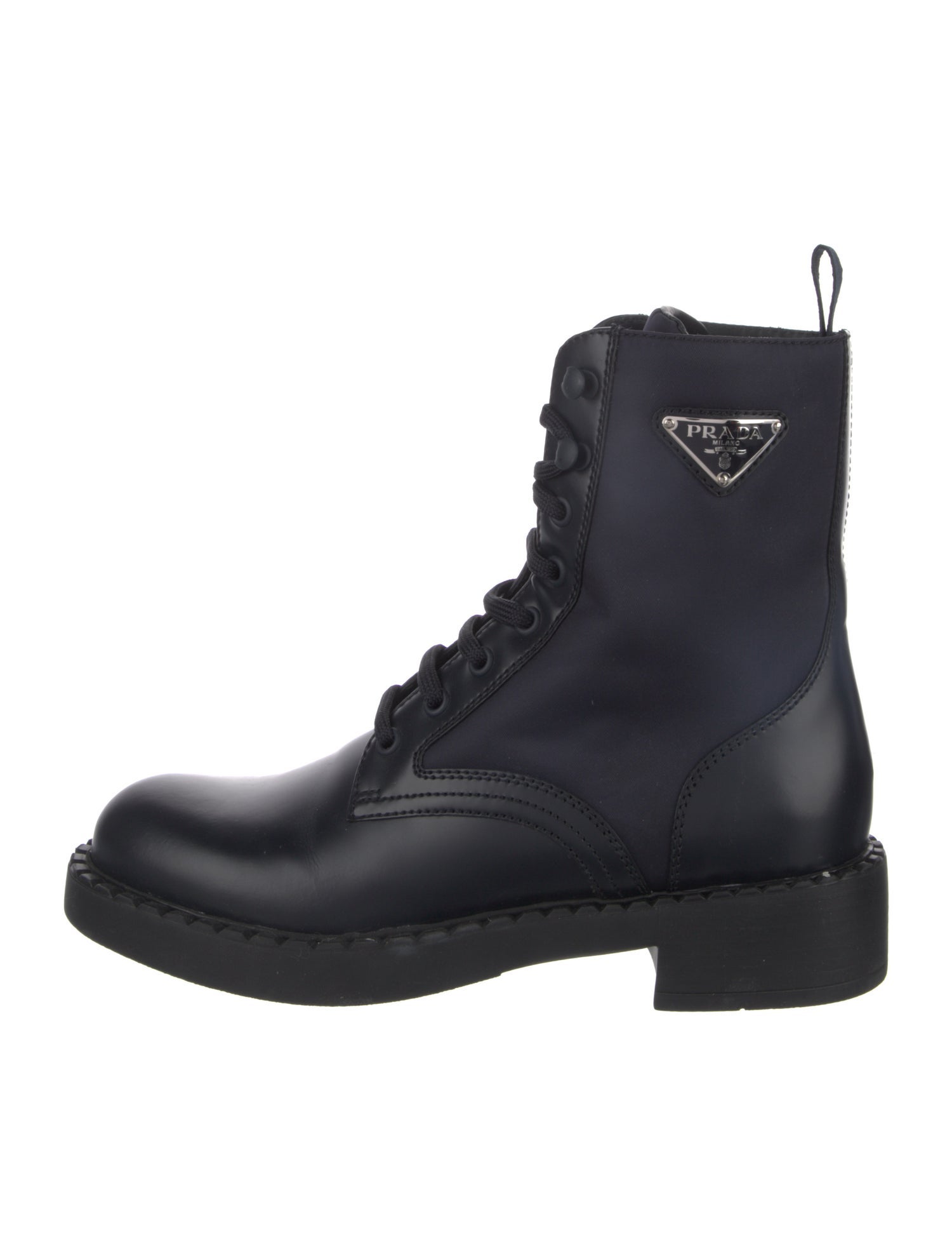 Prada Enameled Metal Triangle Leather Combat Boots