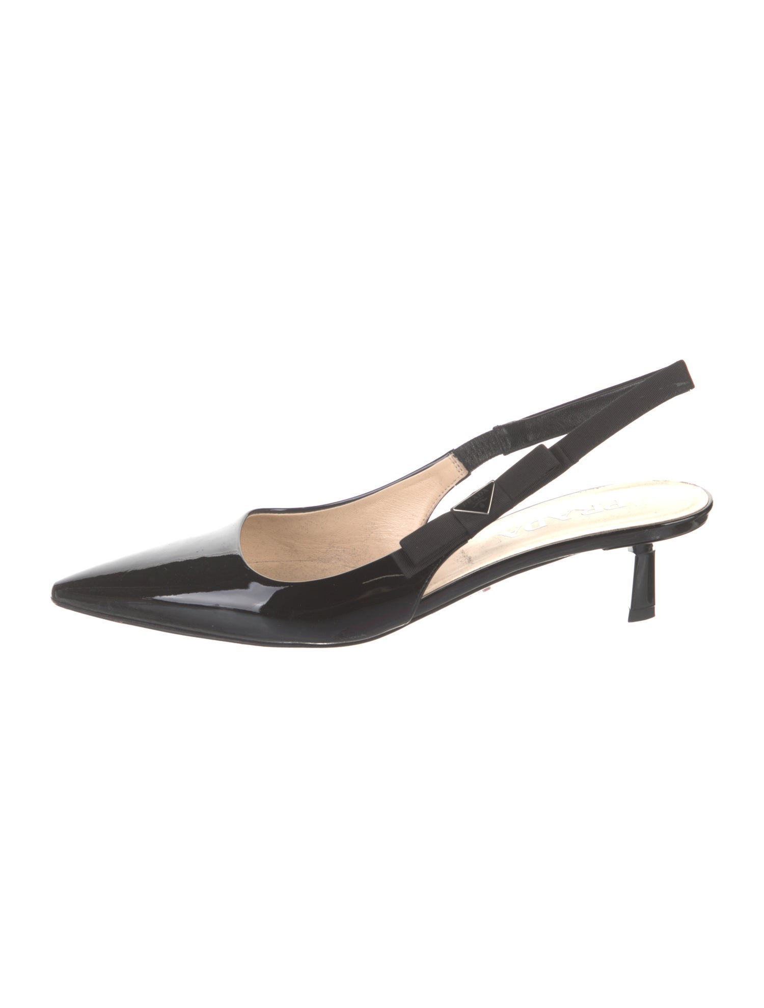 Prada Enameled Metal Triangle Patent Leather Slingback Pumps