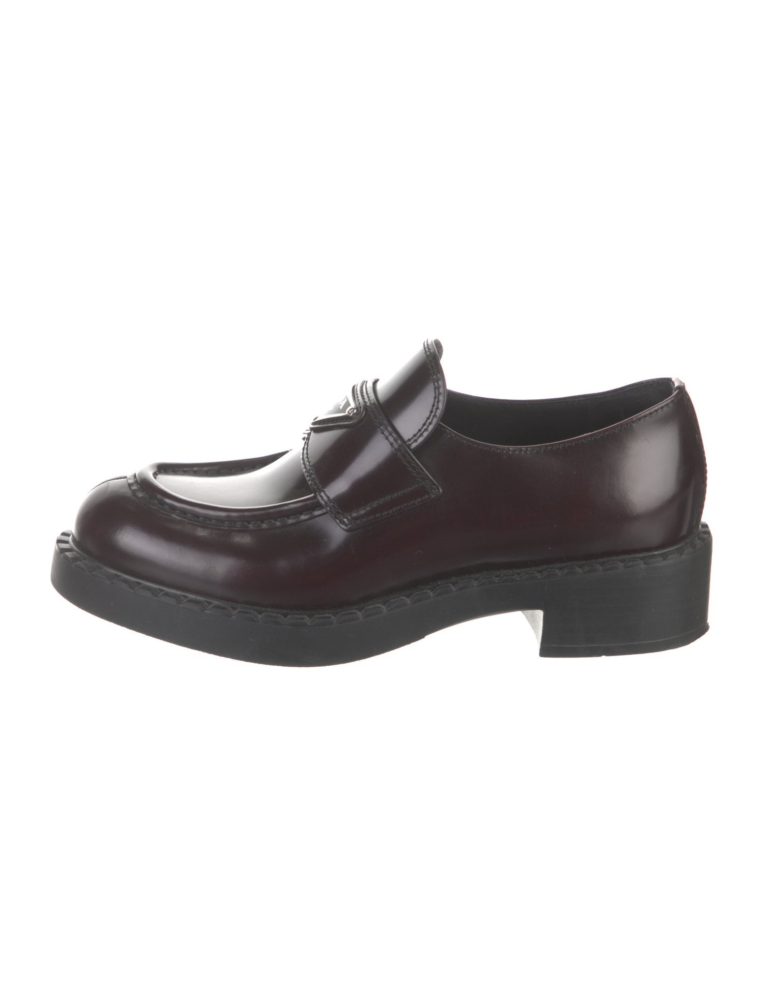 Prada Enameled Metal Triangle Patent Leather Oxfords