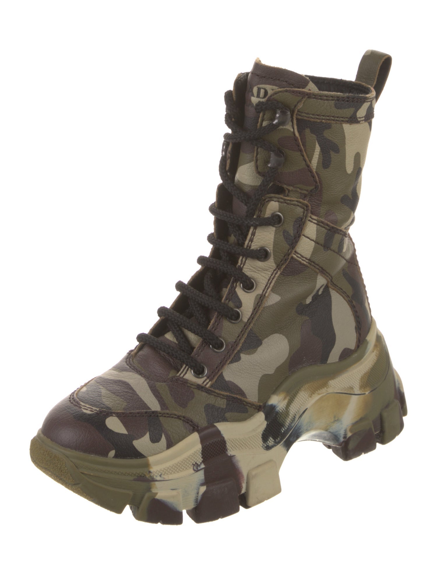 Prada Leather Camouflage Print Combat Boots