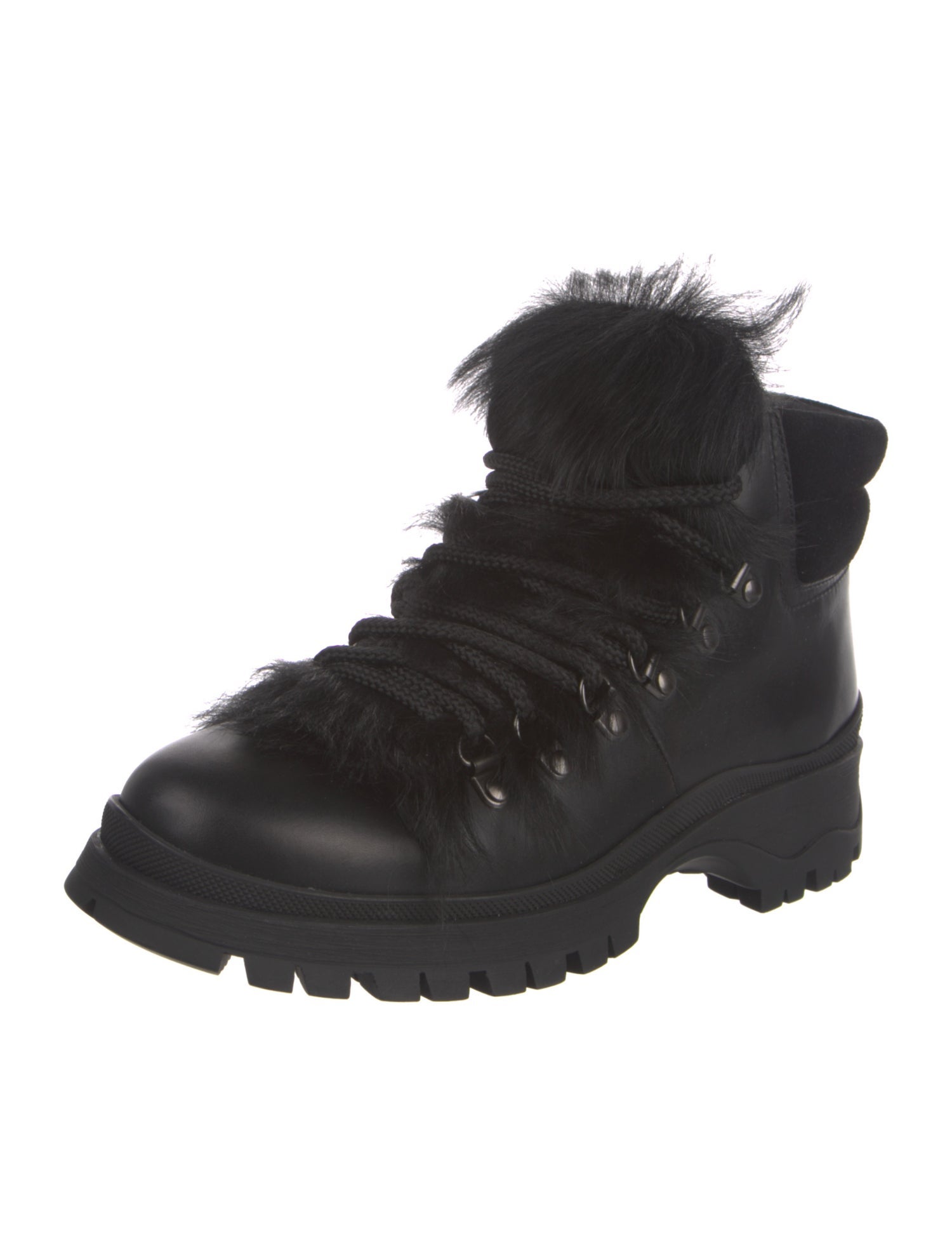 Prada Leather Fur Trim Combat Boots