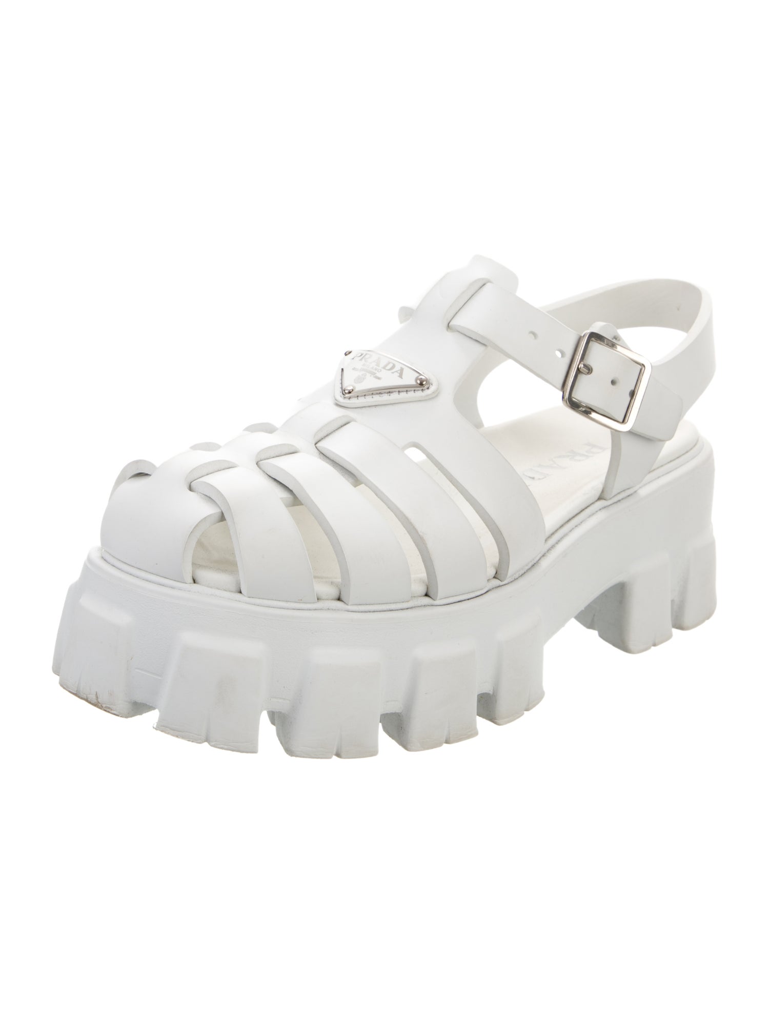 Prada Enameled Metal Triangle Rubber Sandals