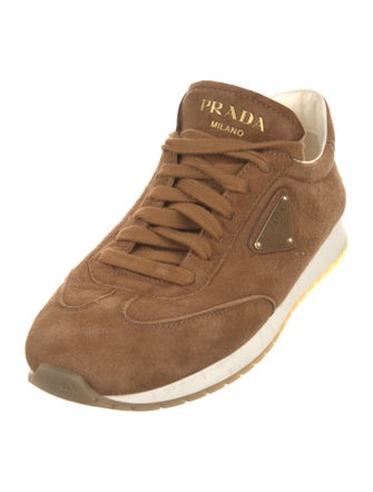 Prada Enameled Metal Triangle Suede Sneakers