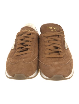 Prada Enameled Metal Triangle Suede Sneakers