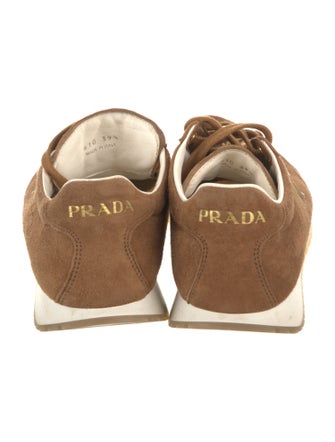 Prada Enameled Metal Triangle Suede Sneakers