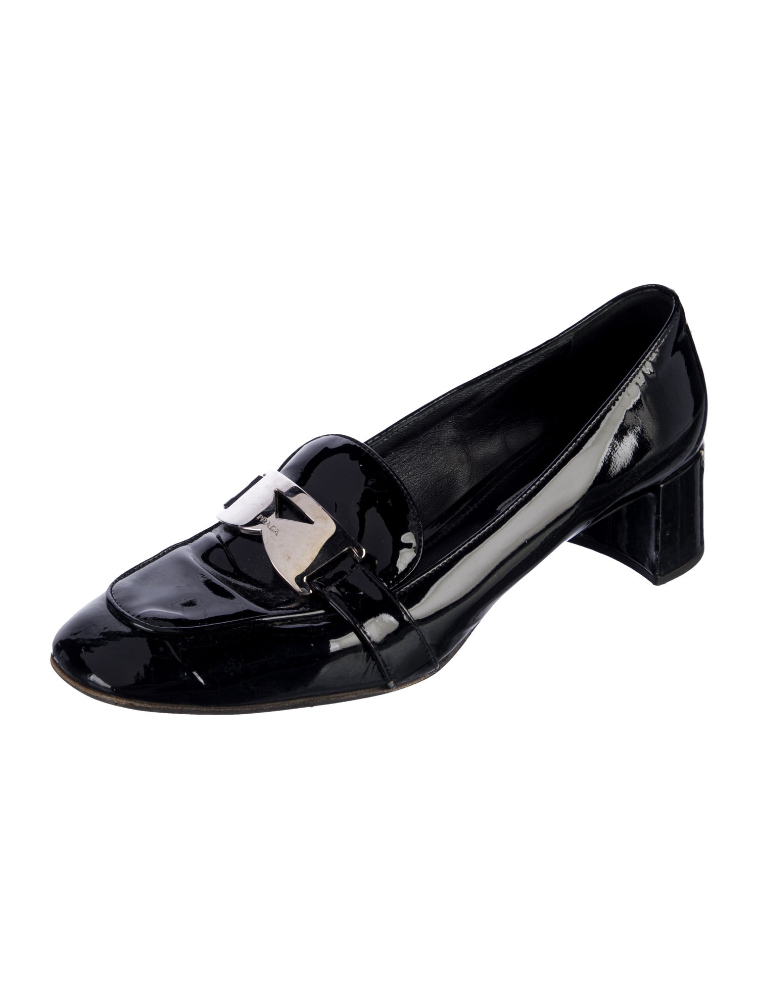 Prada Enameled Metal Triangle Patent Leather Loafers