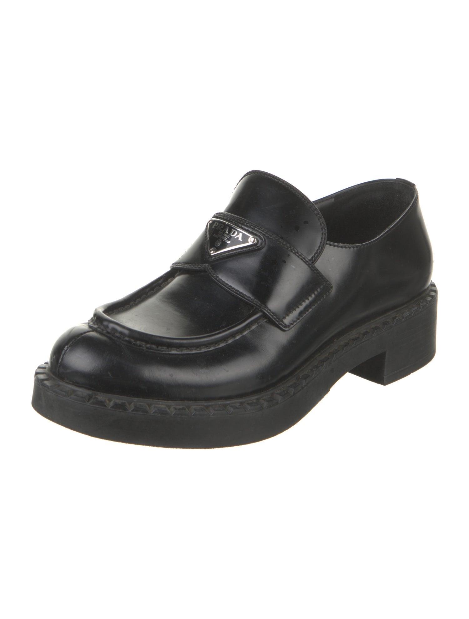Prada Enameled Metal Triangle Leather Oxfords