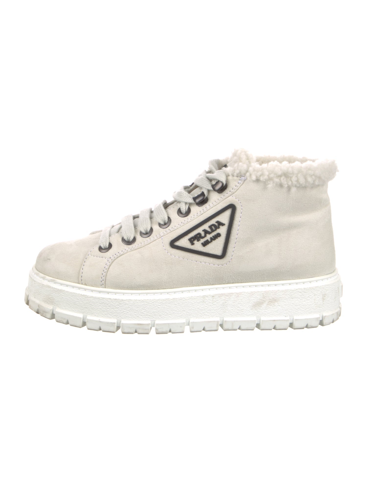 Prada Enameled Metal Triangle Suede Lace-Up Boots