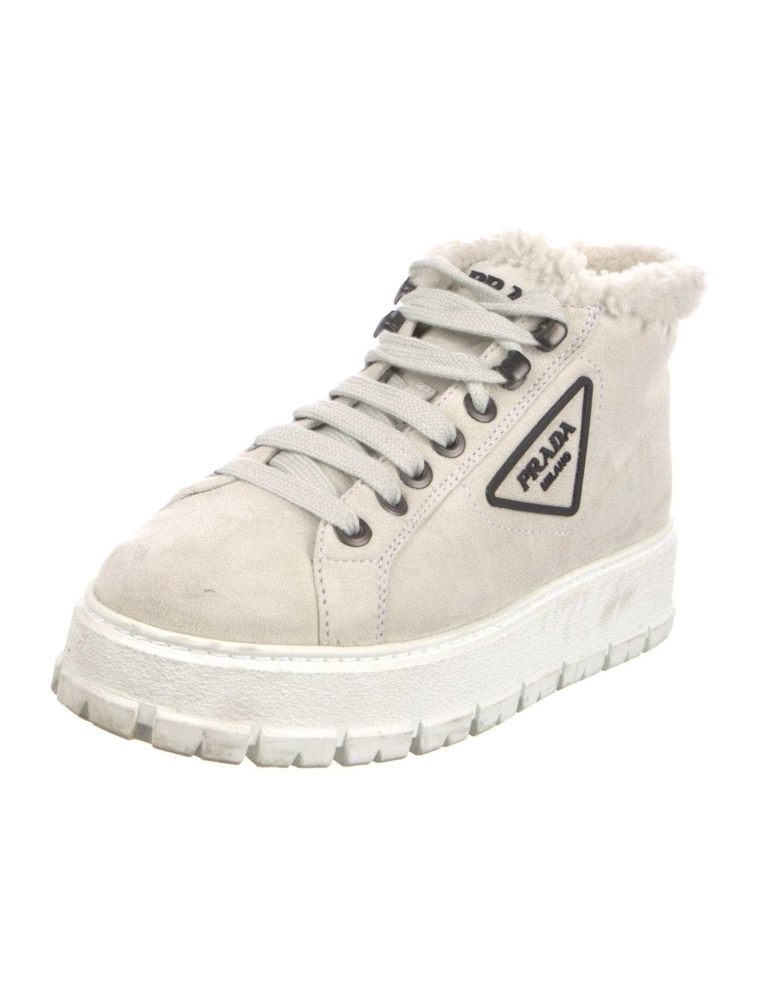 Prada Enameled Metal Triangle Suede Lace-Up Boots