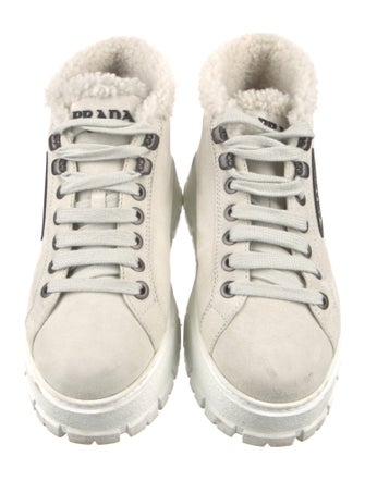 Prada Enameled Metal Triangle Suede Lace-Up Boots