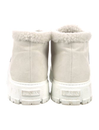 Prada Enameled Metal Triangle Suede Lace-Up Boots