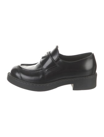 Prada Enameled Metal Triangle Patent Leather Oxfords