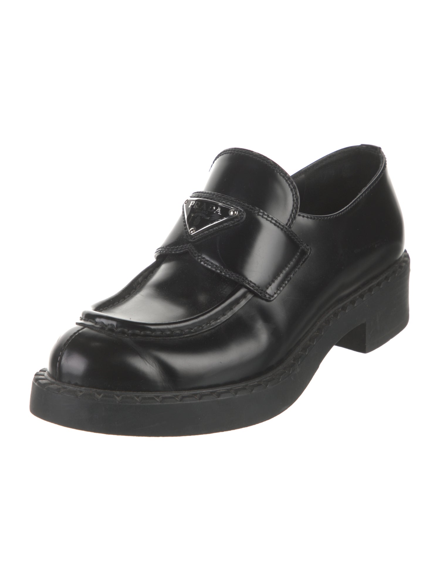 Prada Enameled Metal Triangle Patent Leather Oxfords