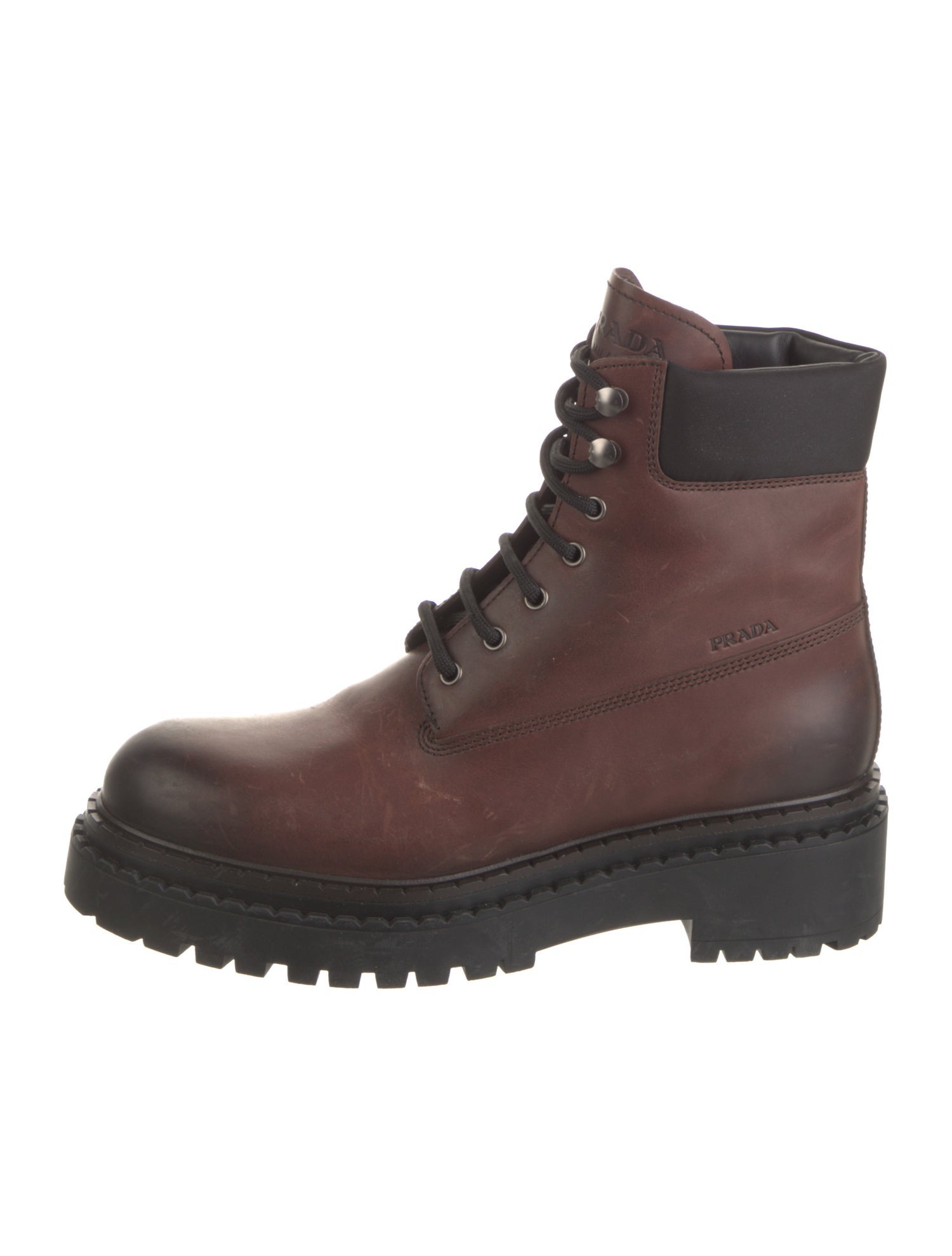 Prada Enameled Metal Triangle Leather Combat Boots