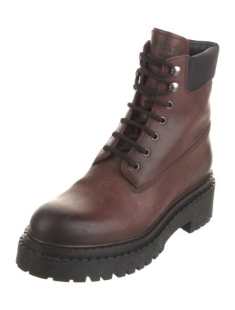 Prada Enameled Metal Triangle Leather Combat Boots