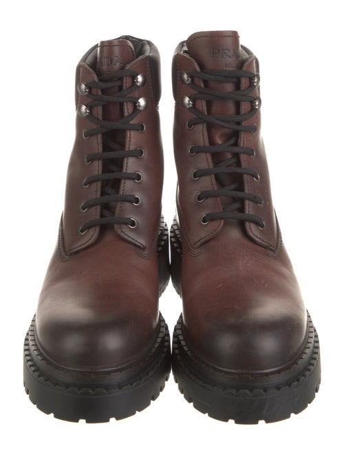 Prada Enameled Metal Triangle Leather Combat Boots