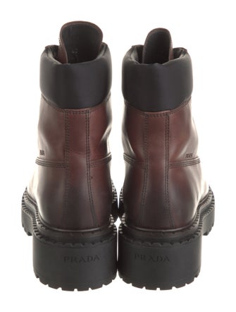 Prada Enameled Metal Triangle Leather Combat Boots
