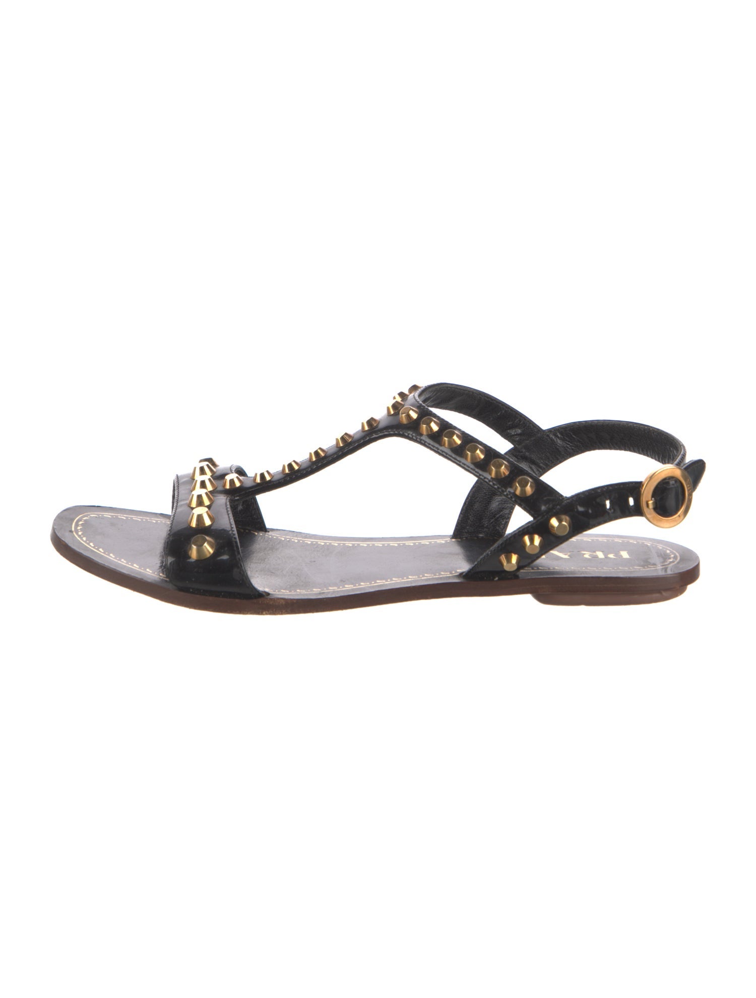 Prada Patent Leather Studded Accents T-Strap Sandals