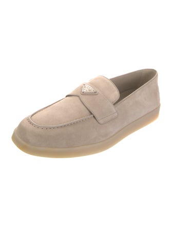 Prada Enameled Metal Triangle Suede Loafers