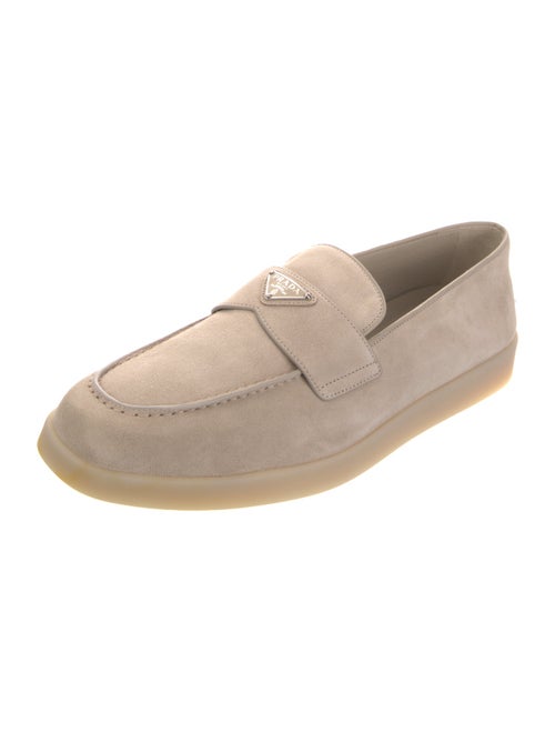 Prada Enameled Metal Triangle Suede Loafers