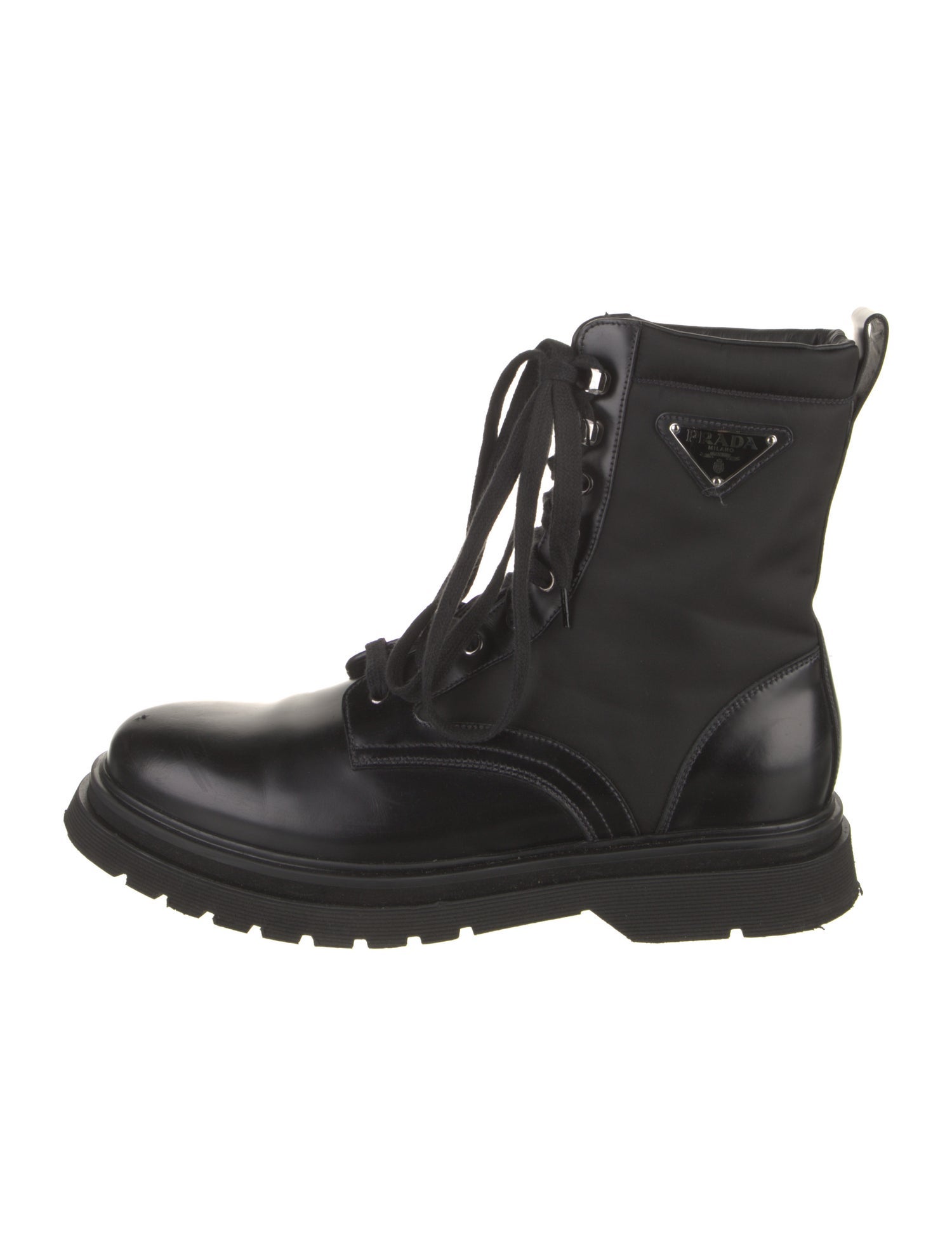 Prada Enameled Metal Triangle Leather Combat Boots