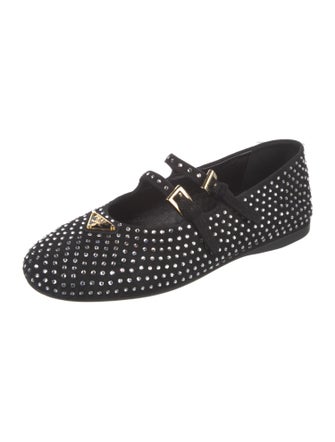 Prada Suede Crystal Embellishments Mary Jane Flats