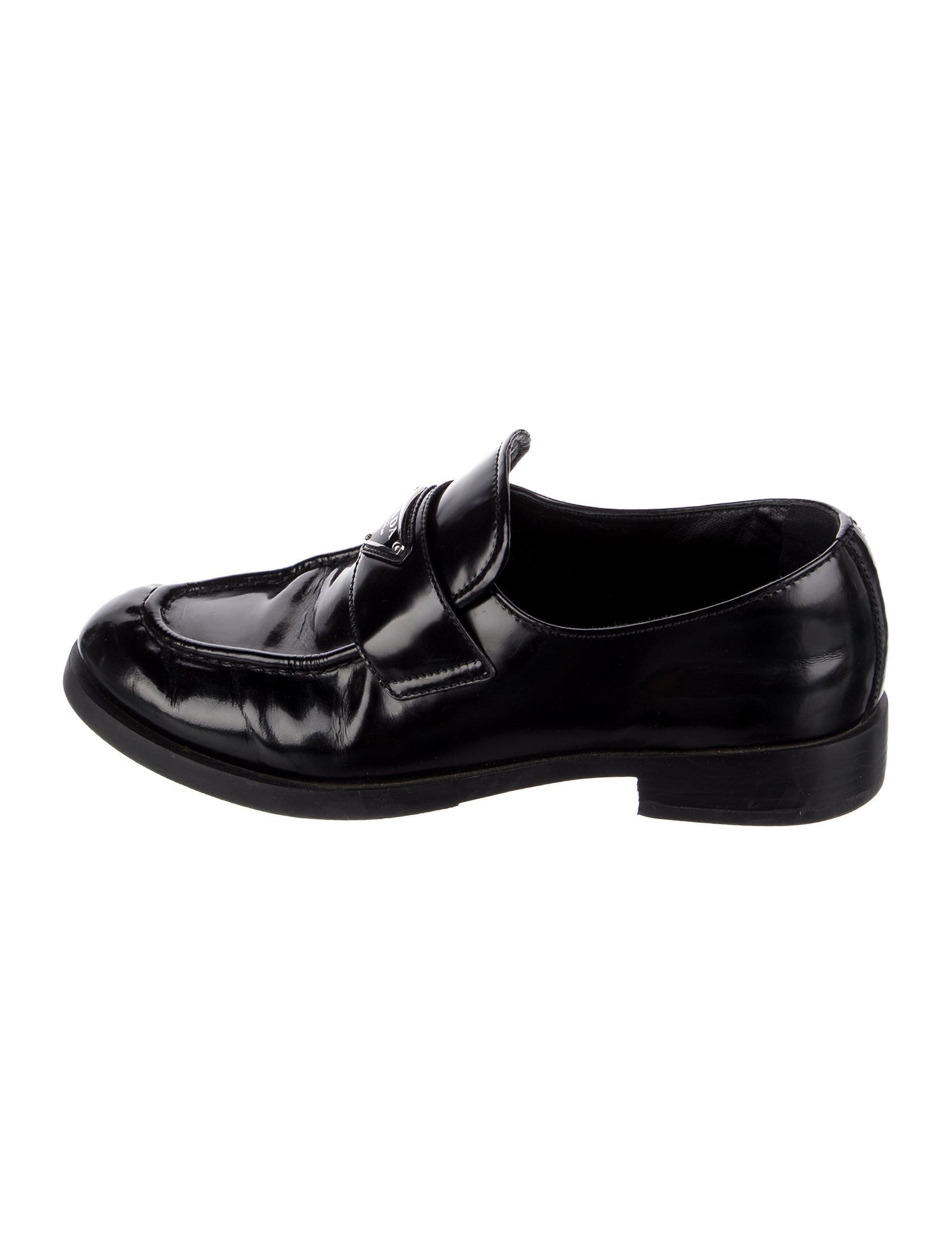 Prada Enameled Metal Triangle Patent Leather Loafers