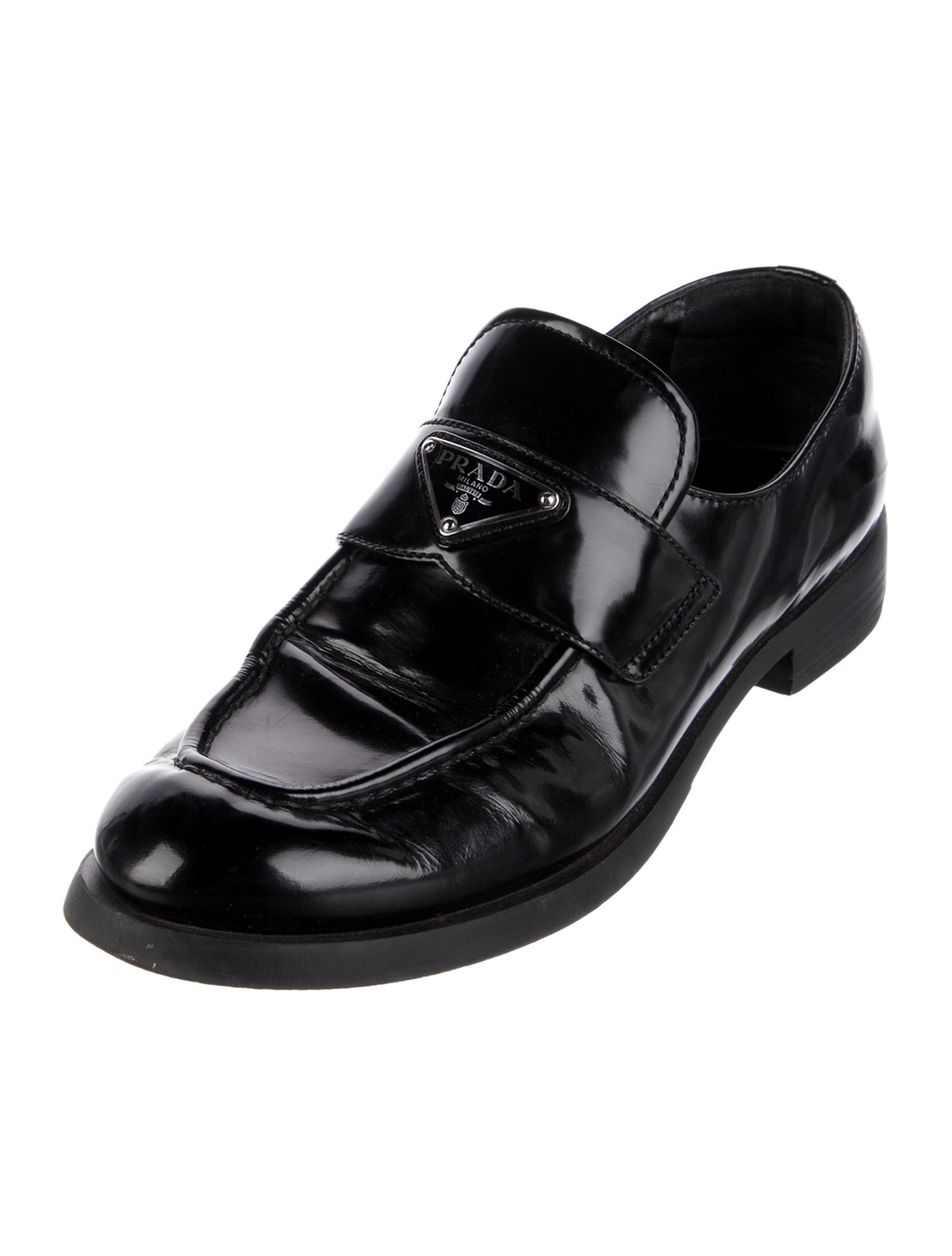 Prada Enameled Metal Triangle Patent Leather Loafers