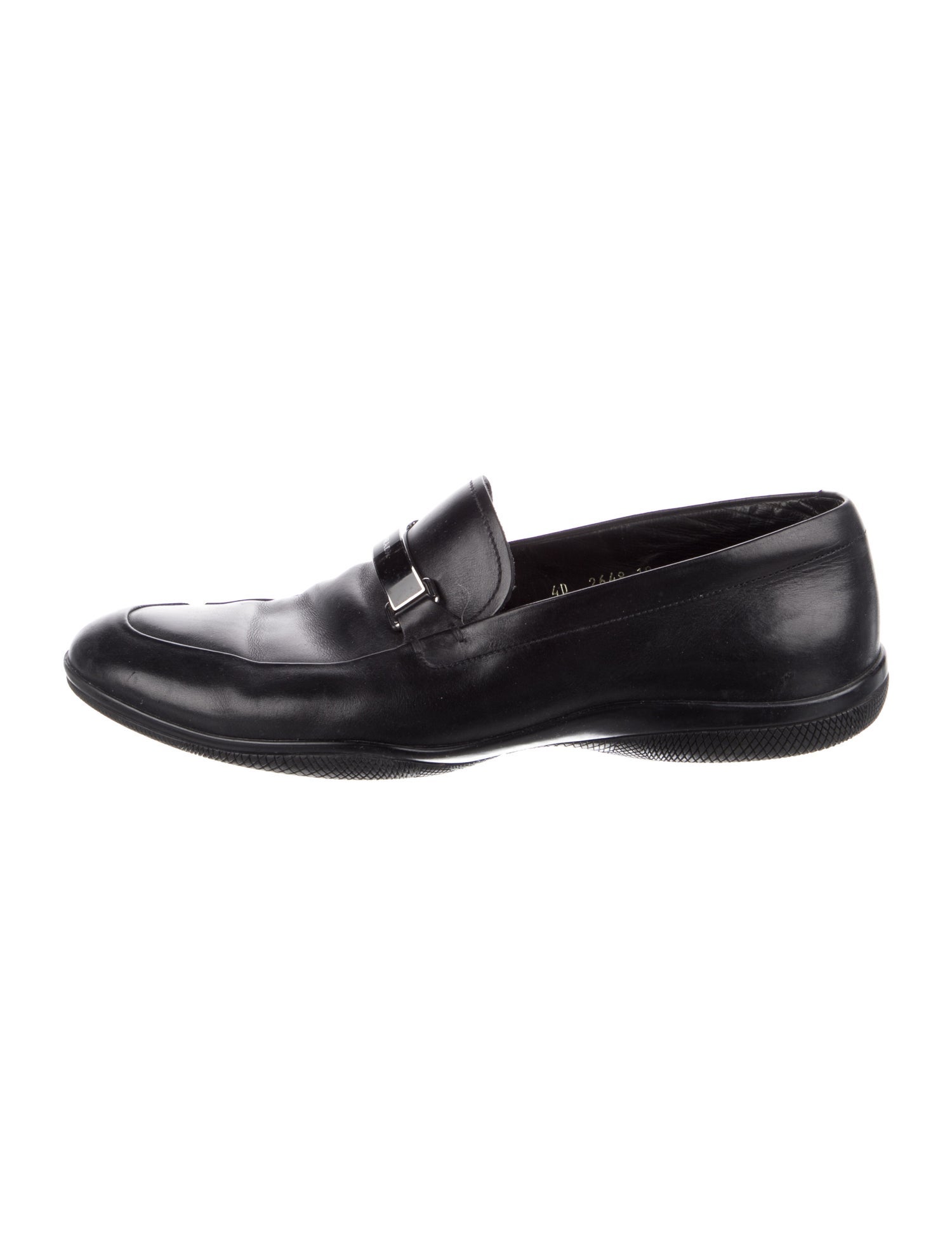 Prada Sport Enameled Metal Triangle Leather Dress Loafers