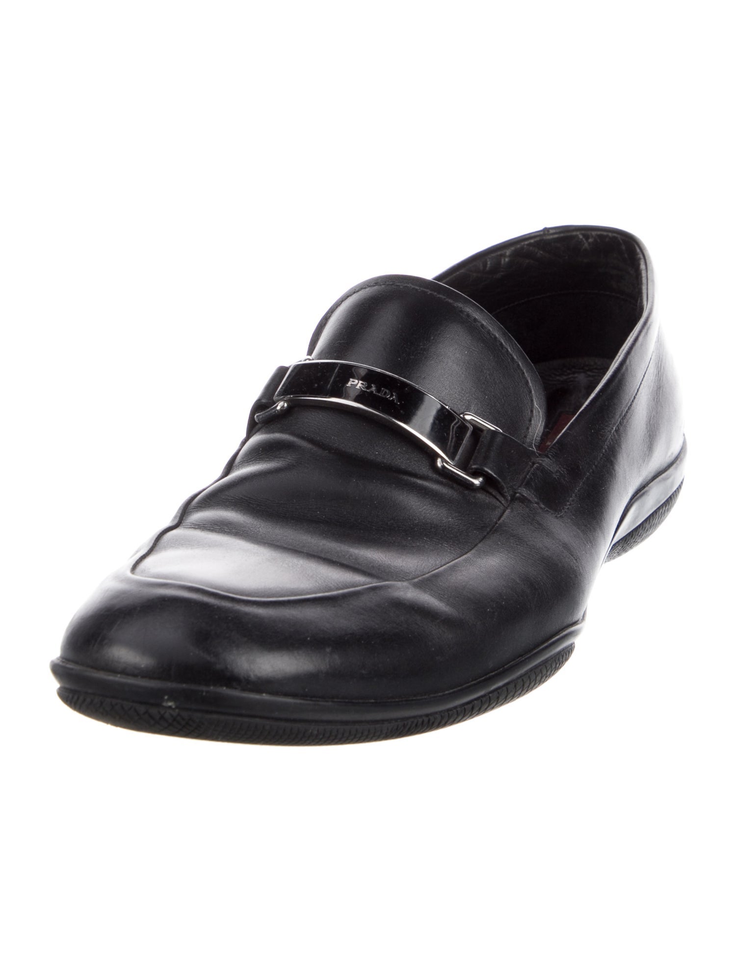 Prada Sport Enameled Metal Triangle Leather Dress Loafers