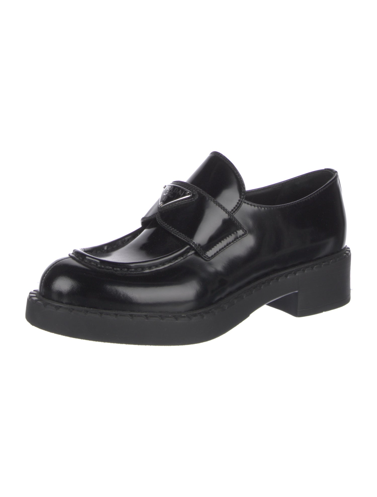 Prada Enameled Metal Triangle Patent Leather Oxfords