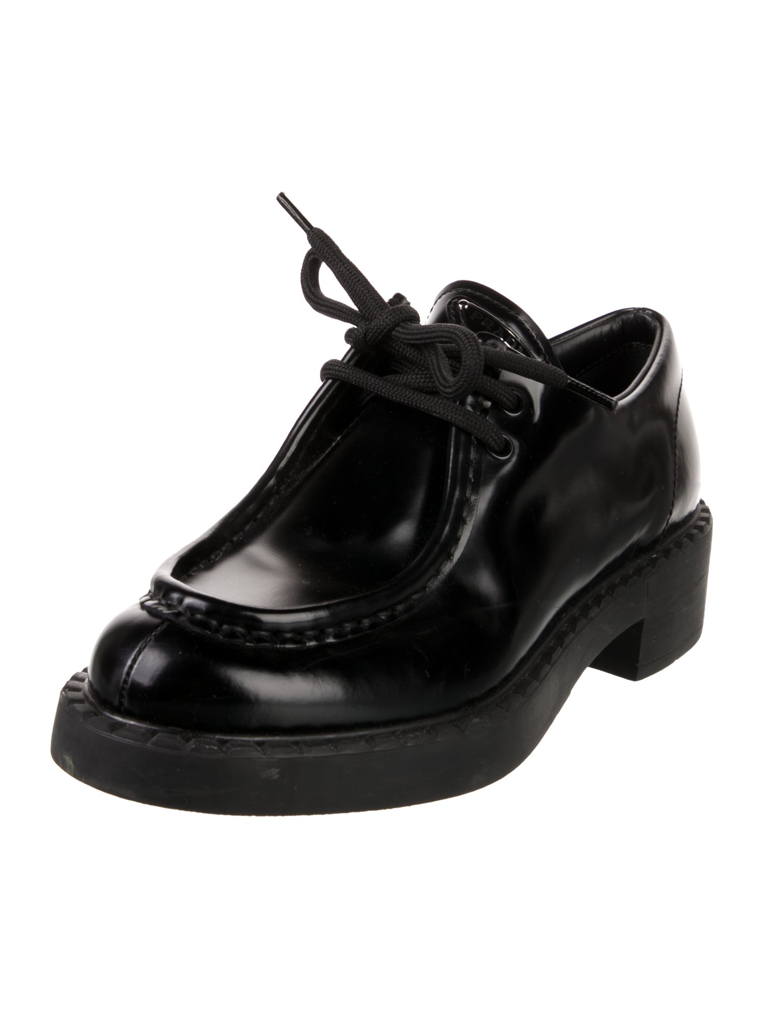 Prada Enameled Metal Triangle Patent Leather Oxfords