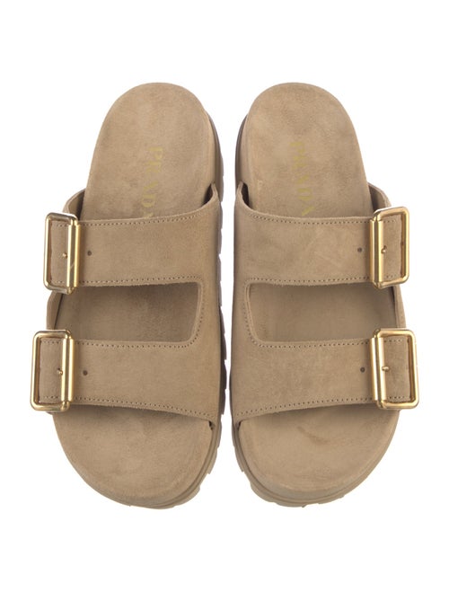 Prada Enameled Metal Triangle Suede Slides