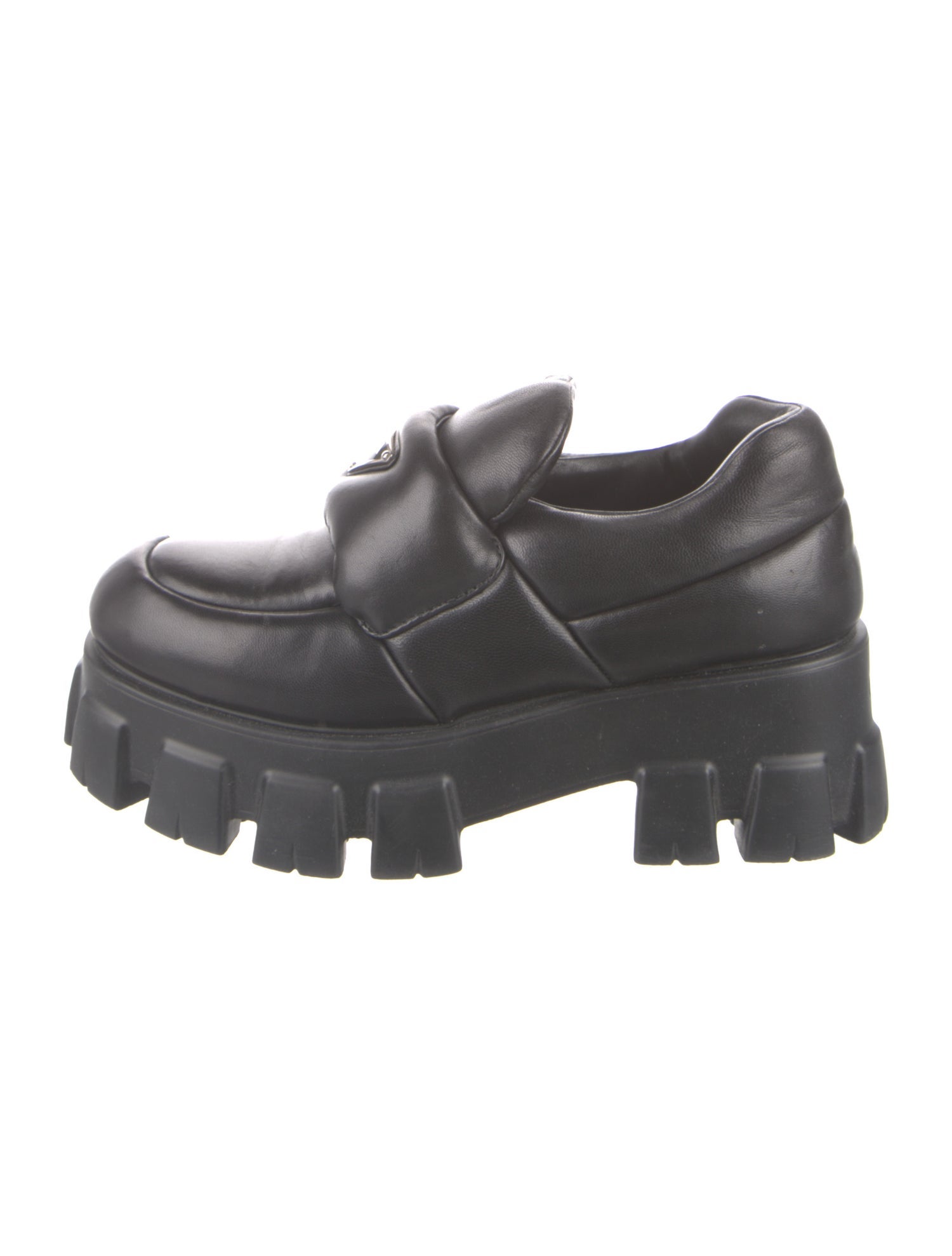 Prada Enameled Metal Triangle Leather Pumps