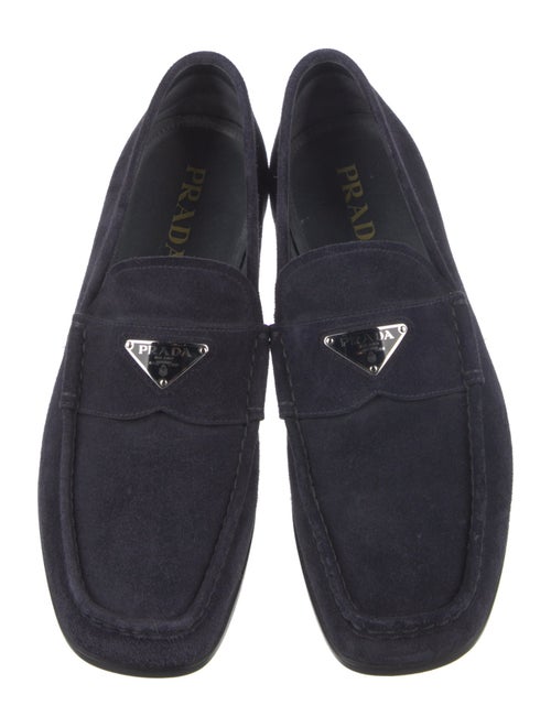 Prada Enameled Metal Triangle Suede Loafers