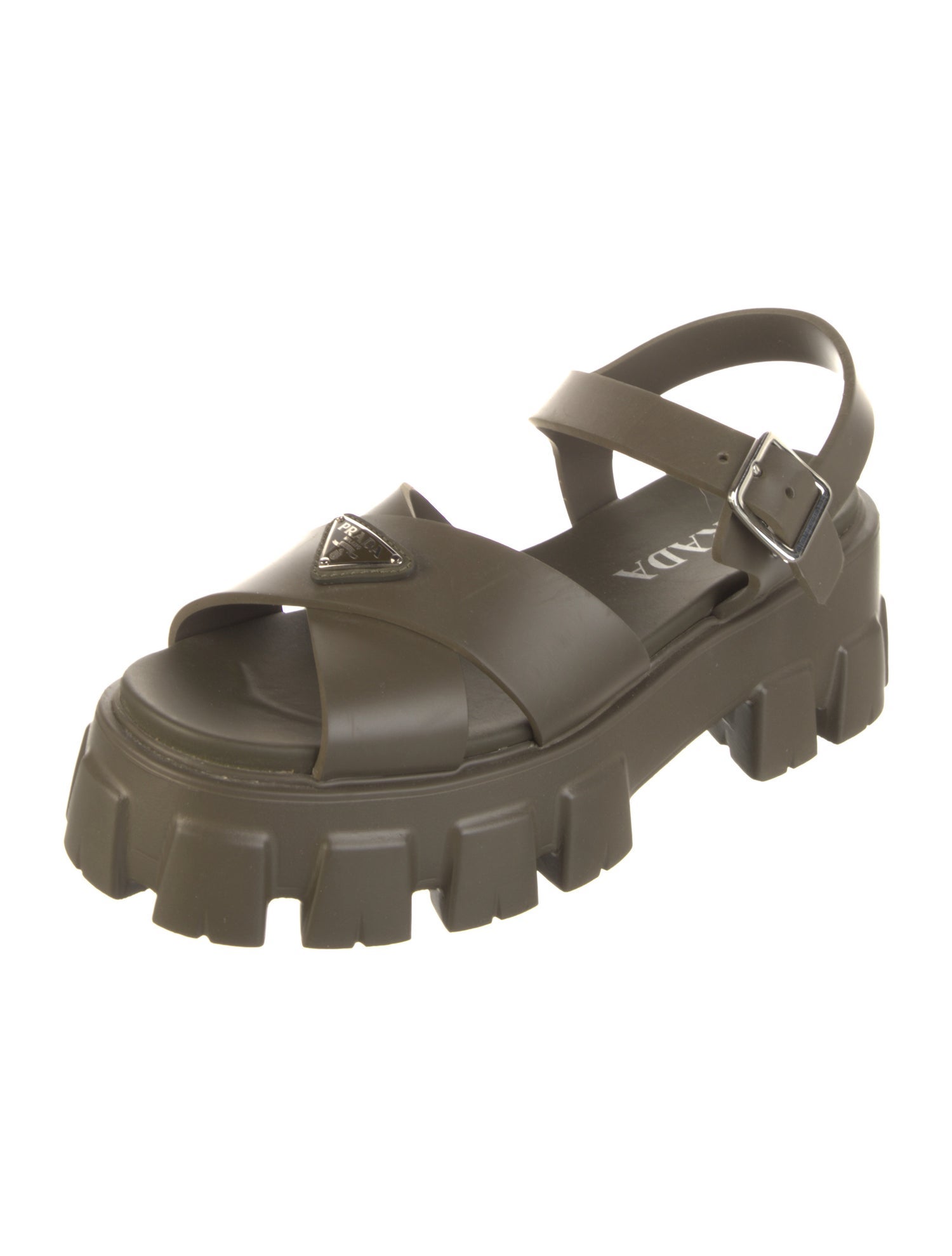 Prada Enameled Metal Triangle Rubber Slingback Sandals