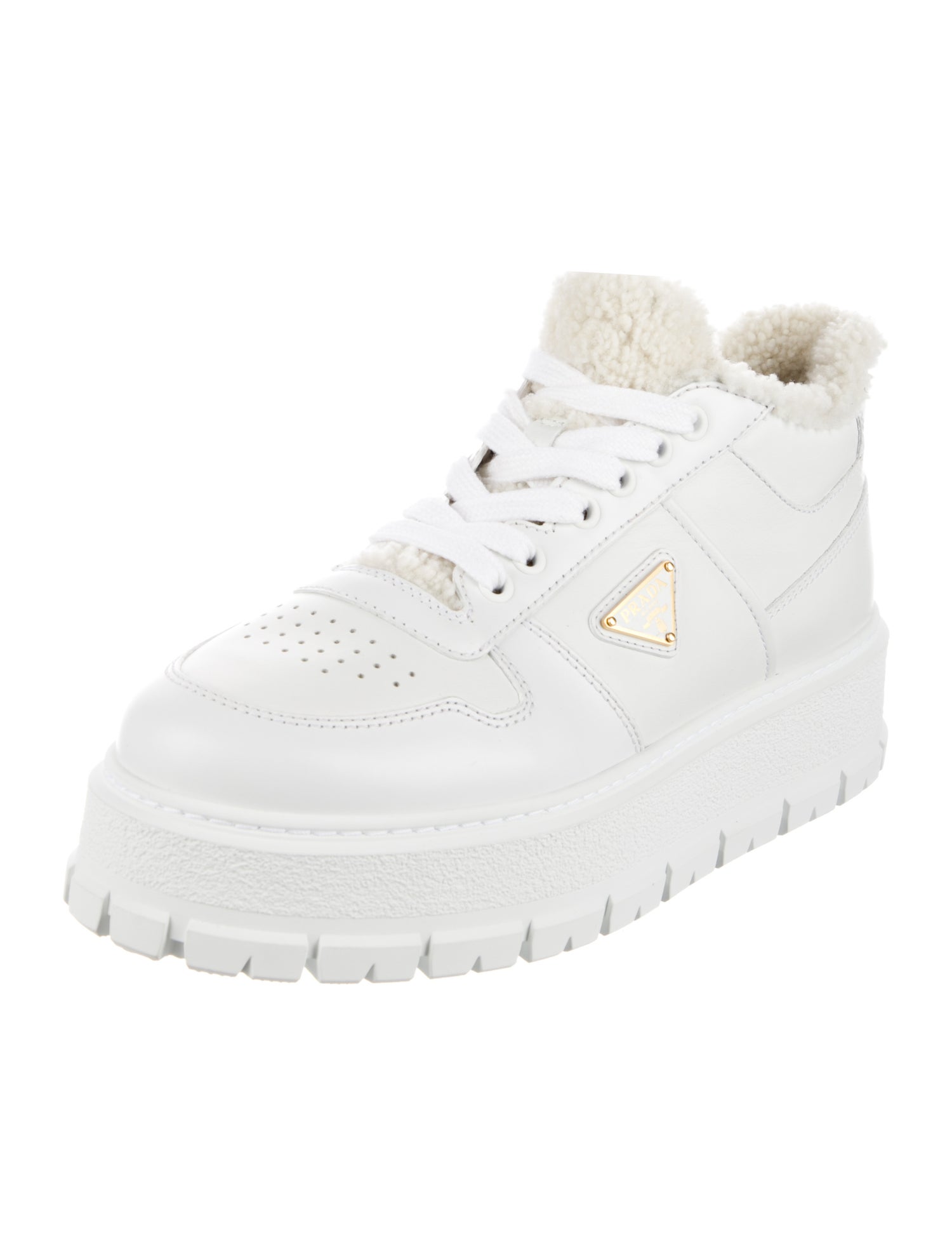 Prada Enameled Metal Triangle Leather Sneakers