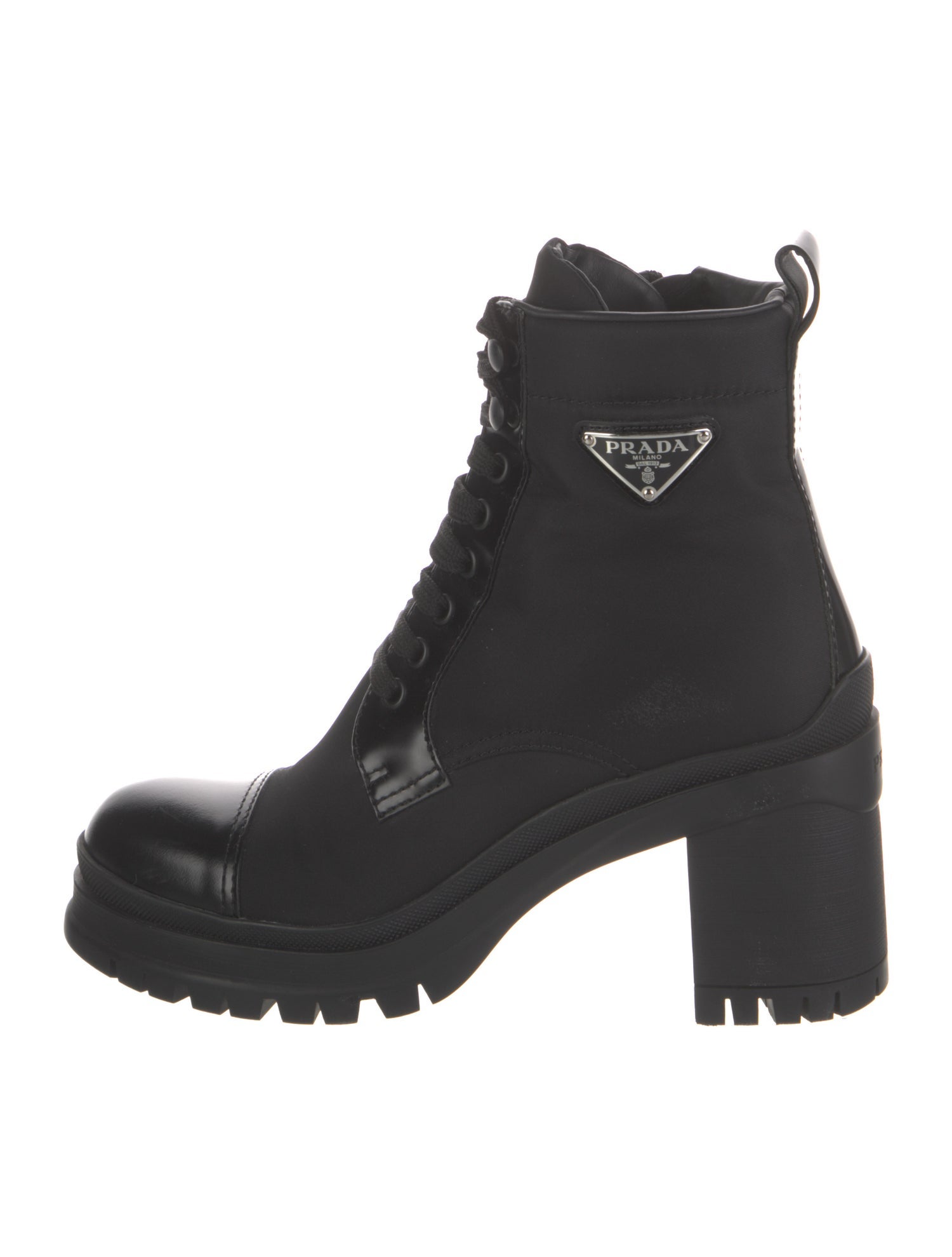 Prada Enameled Metal Triangle Nylon Combat Boots