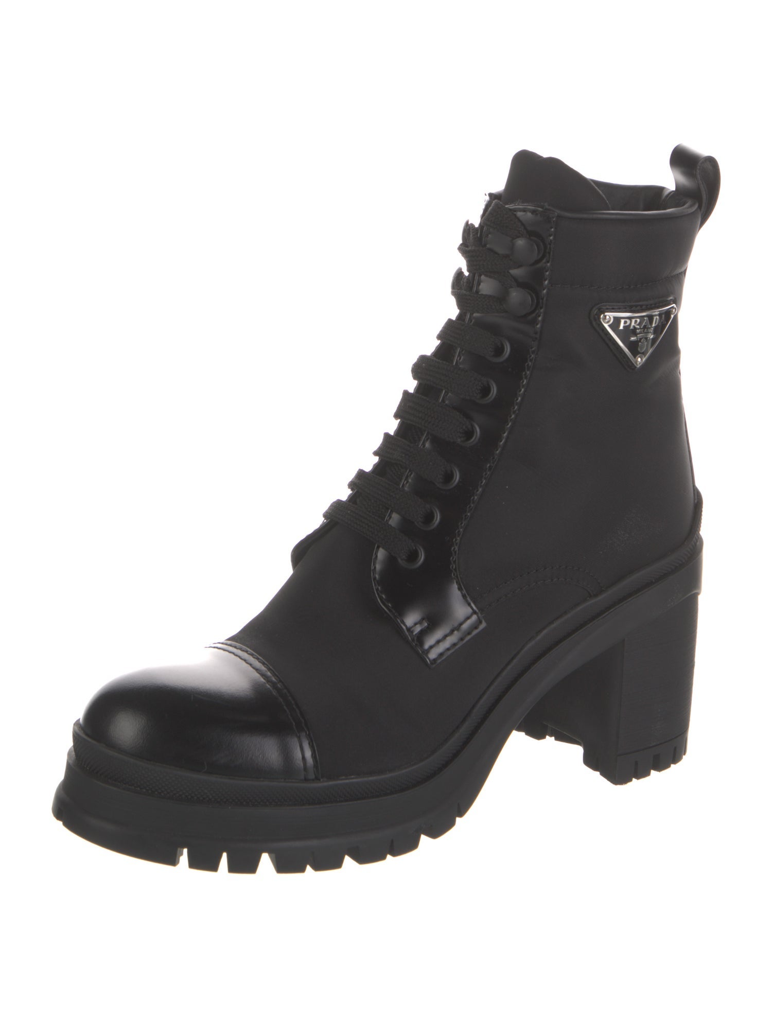 Prada Enameled Metal Triangle Nylon Combat Boots