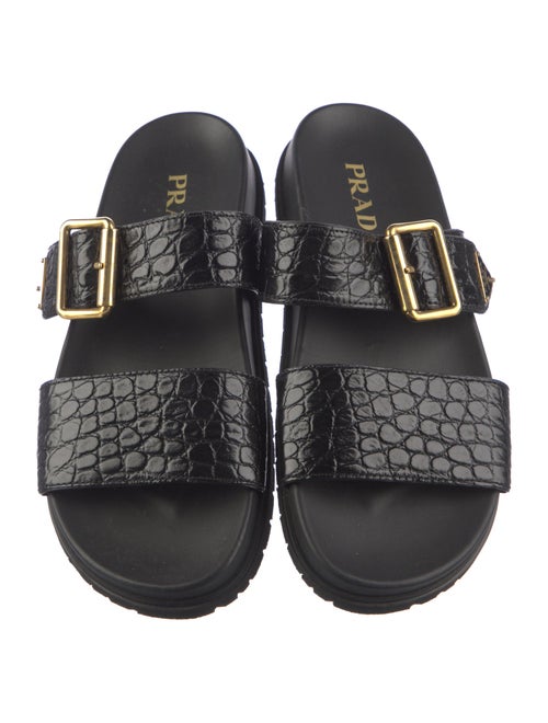 Prada Enameled Metal Triangle Embossed Leather Slides