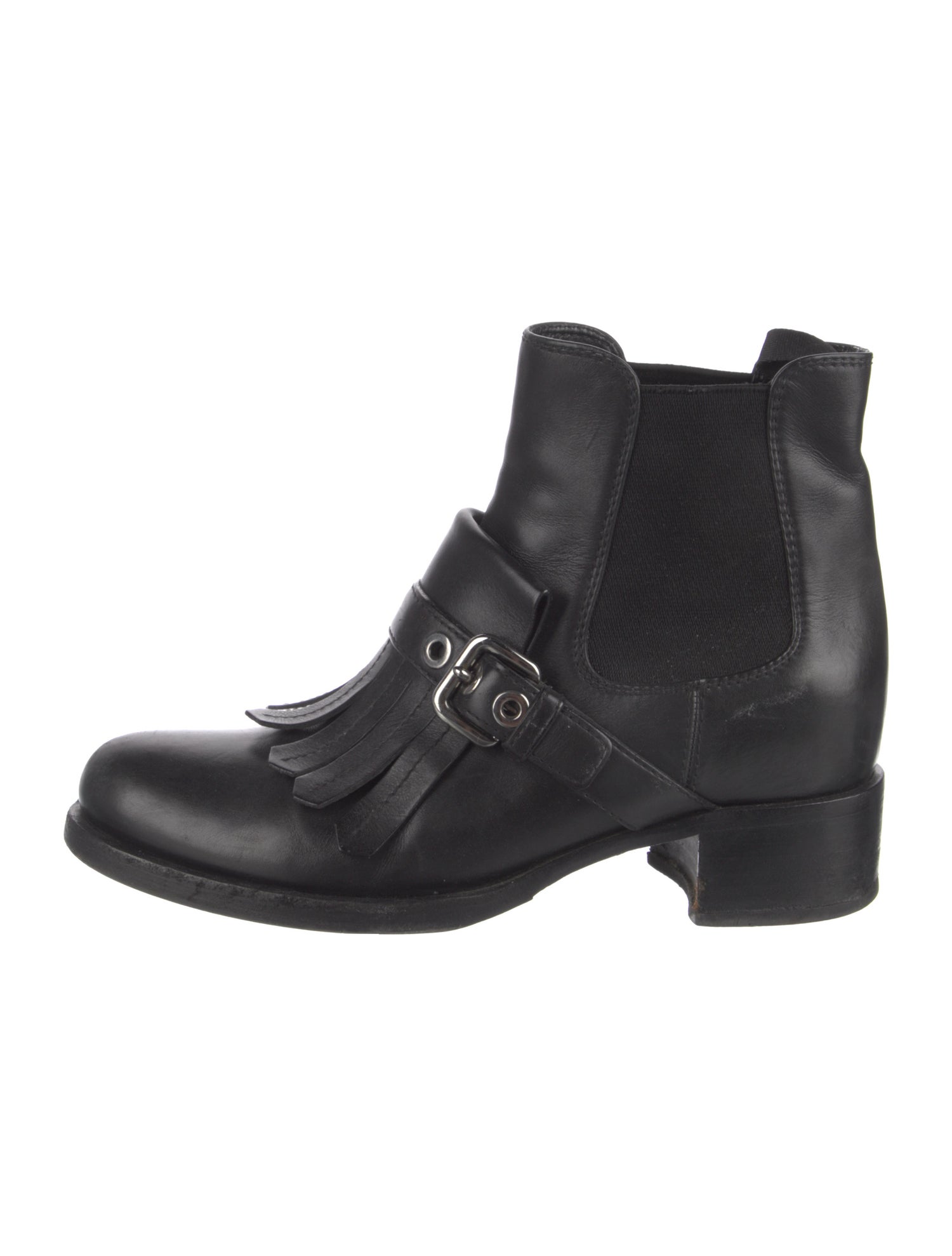 Prada Leather Fringe Trim Accent Chelsea Boots