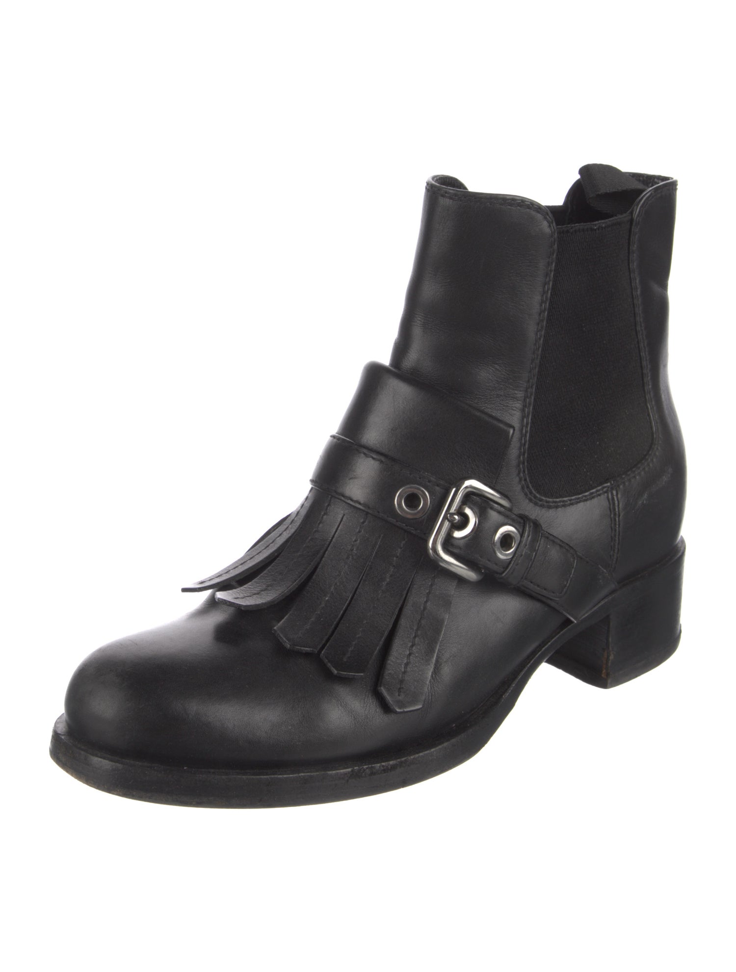 Prada Leather Fringe Trim Accent Chelsea Boots