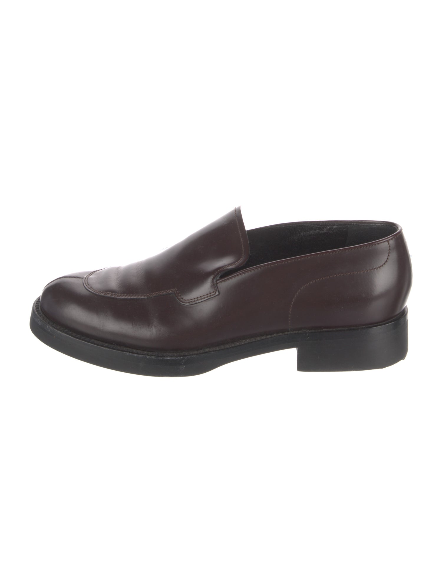 Prada Enameled Metal Triangle Leather Loafers