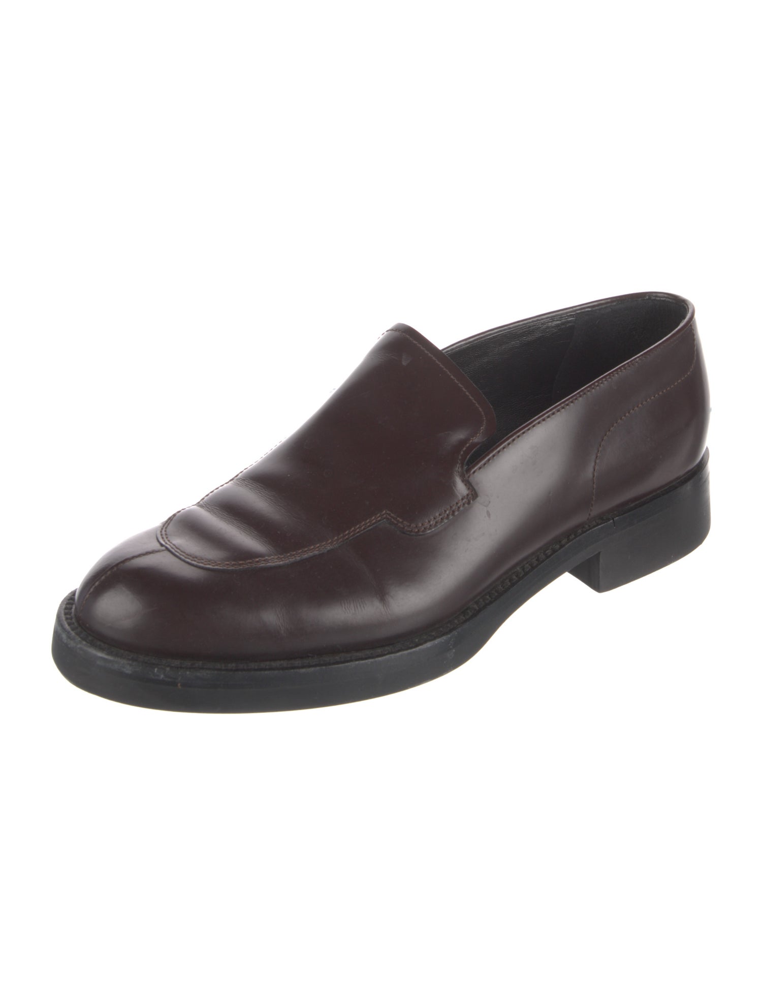 Prada Enameled Metal Triangle Leather Loafers