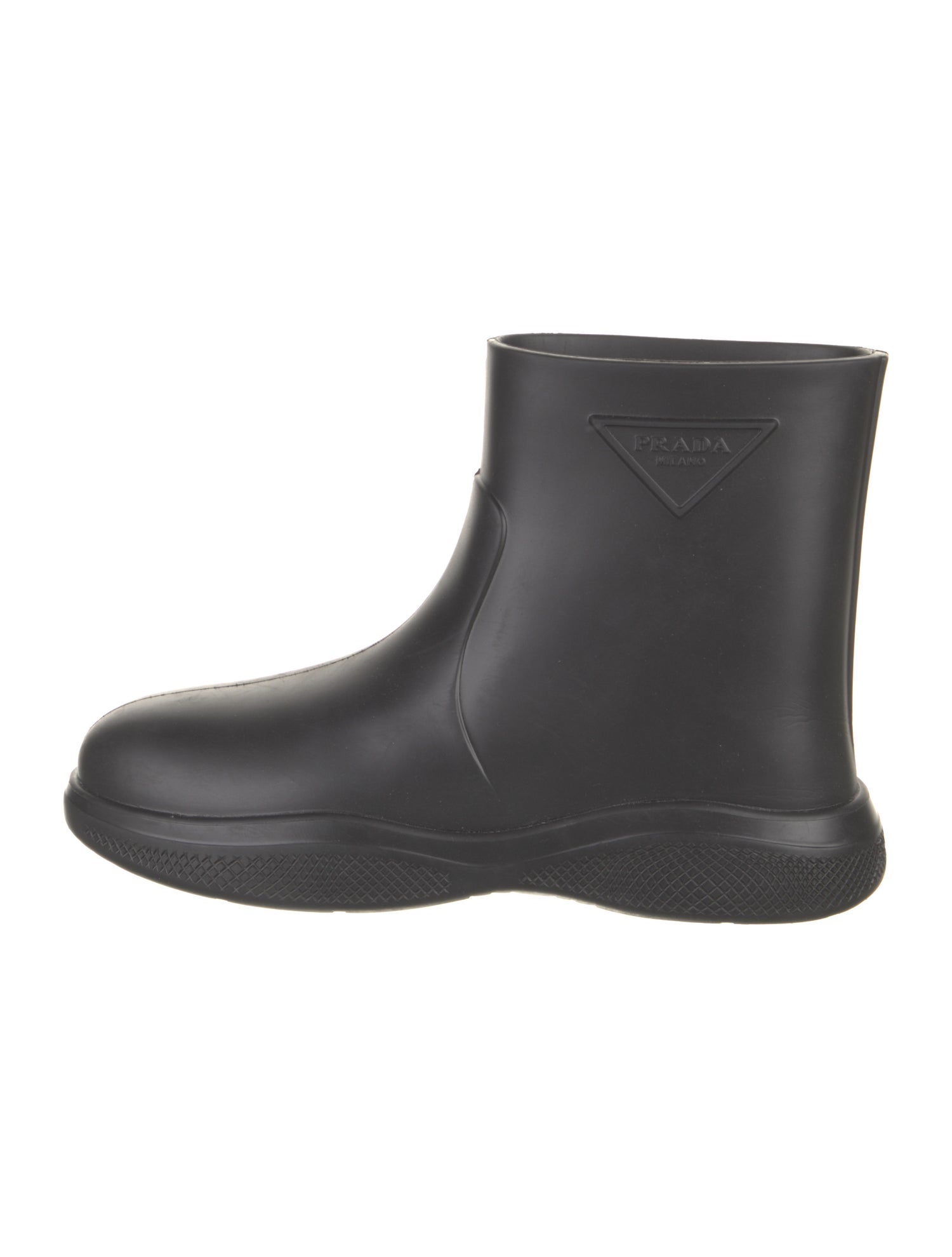 Prada Enameled Metal Triangle Rubber Rain Boots