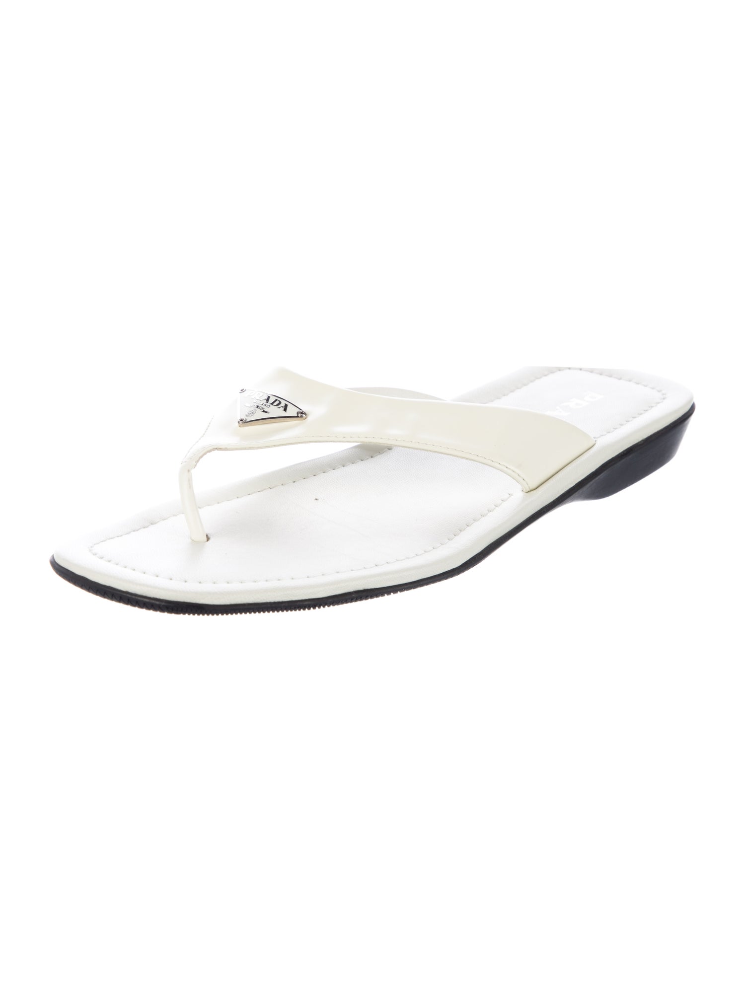 Prada Enameled Metal Triangle Leather Flip Flops